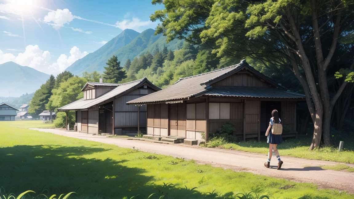 Ghibli, anime, Highest quality、Very detailed、Super Resolution、Ultra HD、8k wallpaper、Amazing details summer, Japan、Rice fields beside the road、Woman walking along a straight country road、A 16-year-old female student in uniform、blue sky、Shining Sun, Wide field of view, Small house and bus stop