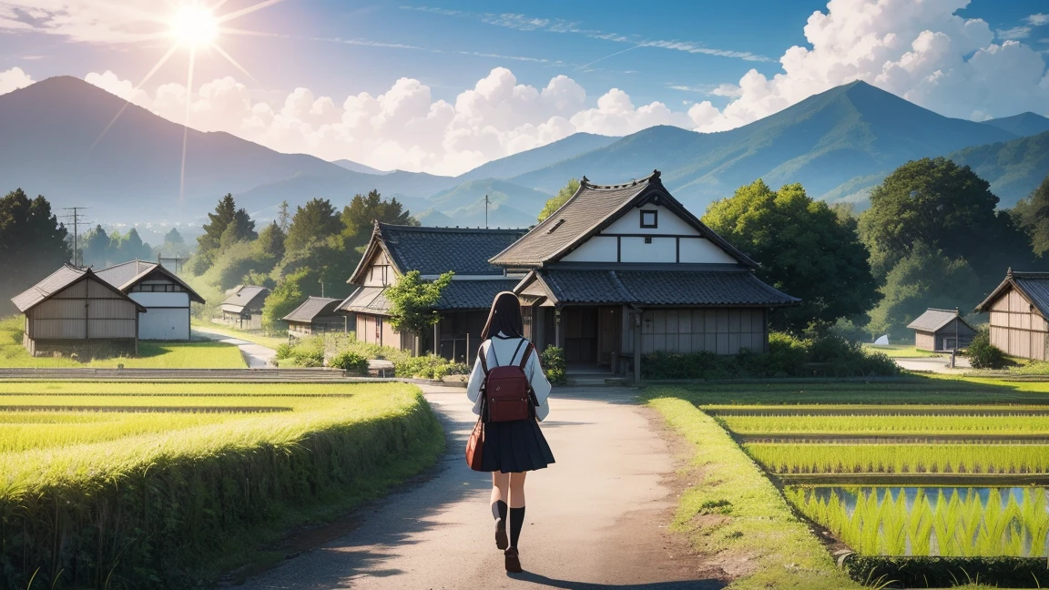 Ghibli, anime, Highest quality、Very detailed、Super Resolution、Ultra HD、8k wallpaper、Amazing details summer, Japan、Rice fields beside the road、Woman walking along a straight country road、A 16-year-old female student in uniform、blue sky、Shining Sun, Wide field of view, Small house and bus stop