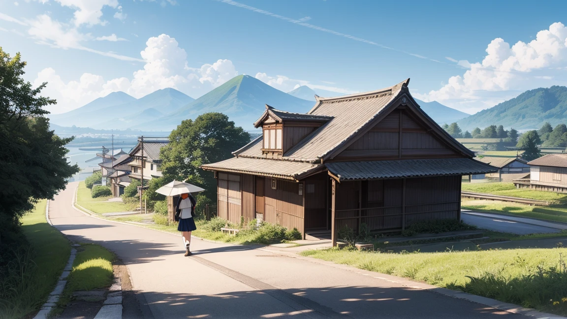 Ghibli, anime, Highest quality、Very detailed、Super Resolution、Ultra HD、8k wallpaper、Amazing details summer, Japan、Rice fields beside the road、Woman walking along a straight country road、A 16-year-old female student in uniform、blue sky、Shining Sun, Wide field of view, Small house and bus stop