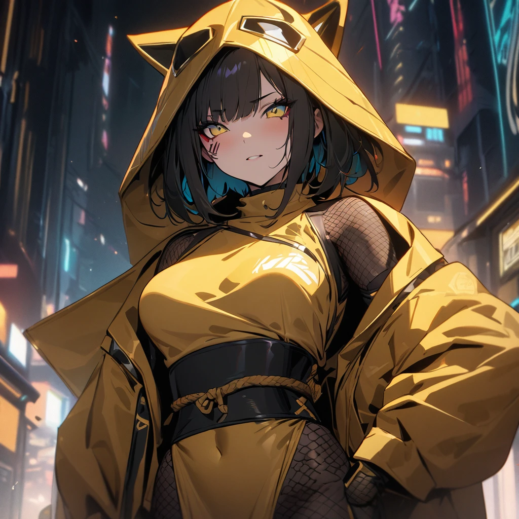 Top quality, masterpiece, high resolution, cyberpunk style, ninja, golden ninja costume, (((golden shachihoko)))