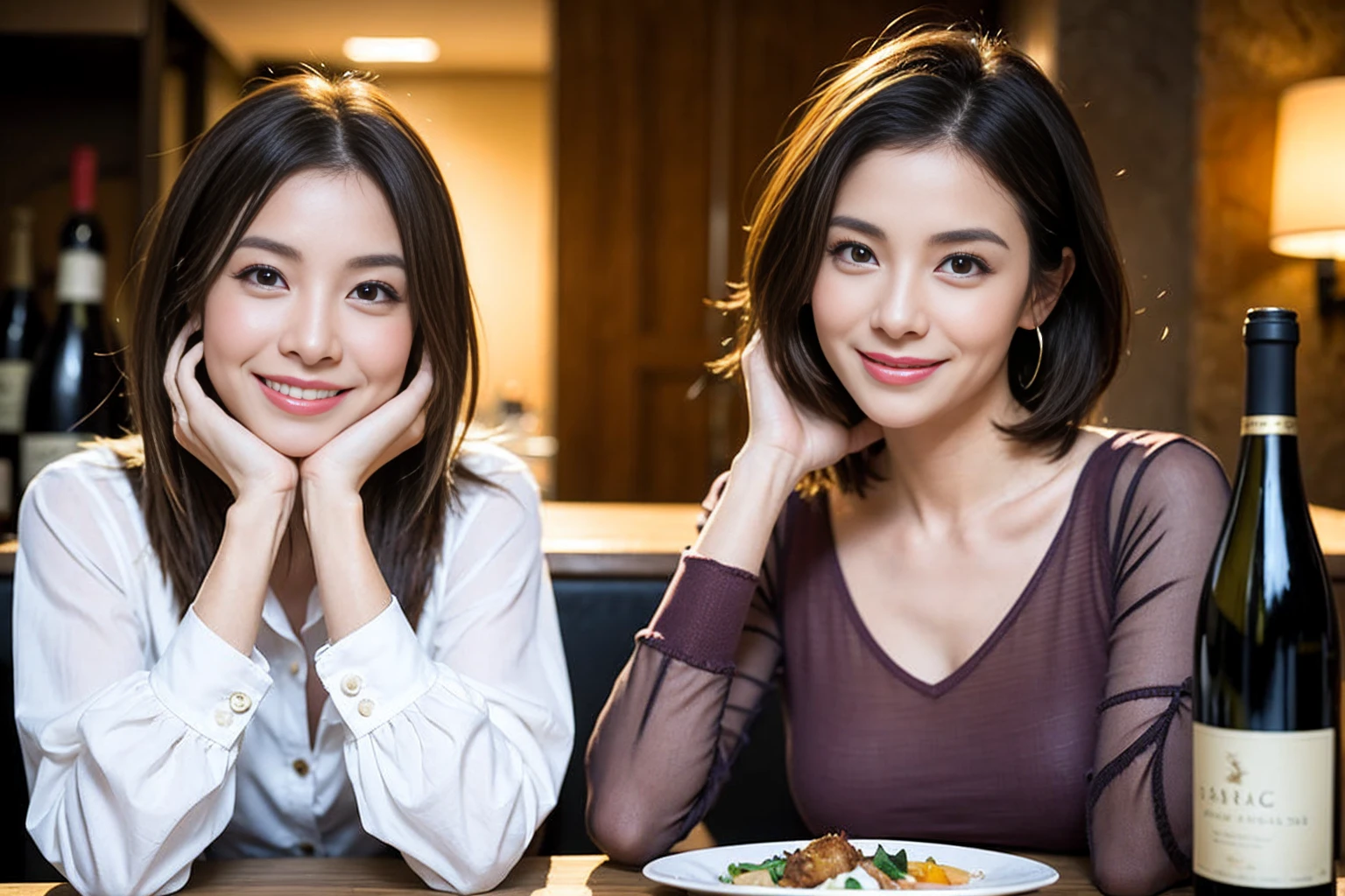(Realistic:1.1),(masterpiece,Highest quality),8k,(44 years old), 47 years old, slimカップル、Model Couple、actress/actor、Tight waist,Upper Body,full-course dinner、wine 、Amazing view of the sunset sky and clouds、Perfect Anatomy, Brown Hair, short hair,Random Hairstyles,((Highly detailed face and eyes:1.2))(cute顔:1.4),美しいactressの顔,Perfect golden ratio face,Long sleeve shirt、dress,(smile:1.2)、Shortcuts、cute、(Realistic, Intricate details:1.2), A bright smile、short hair,Bright Face、赤wine 、Appetizers、Italian food、wine bottle、Champagne、スパークリングwine、(slimな顔), (The body is slim), (Brown Hair), (Shortcuts), Upper Body, 白wine, slim, wineグラス,
