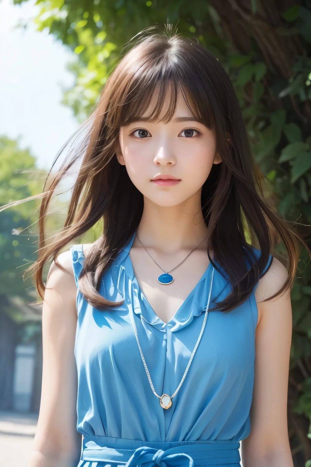 All around blue sky。Falling Girl。The blue pendant around her neck emits a beautiful light.。Ghibli style。High quality, cute woman, full view angle