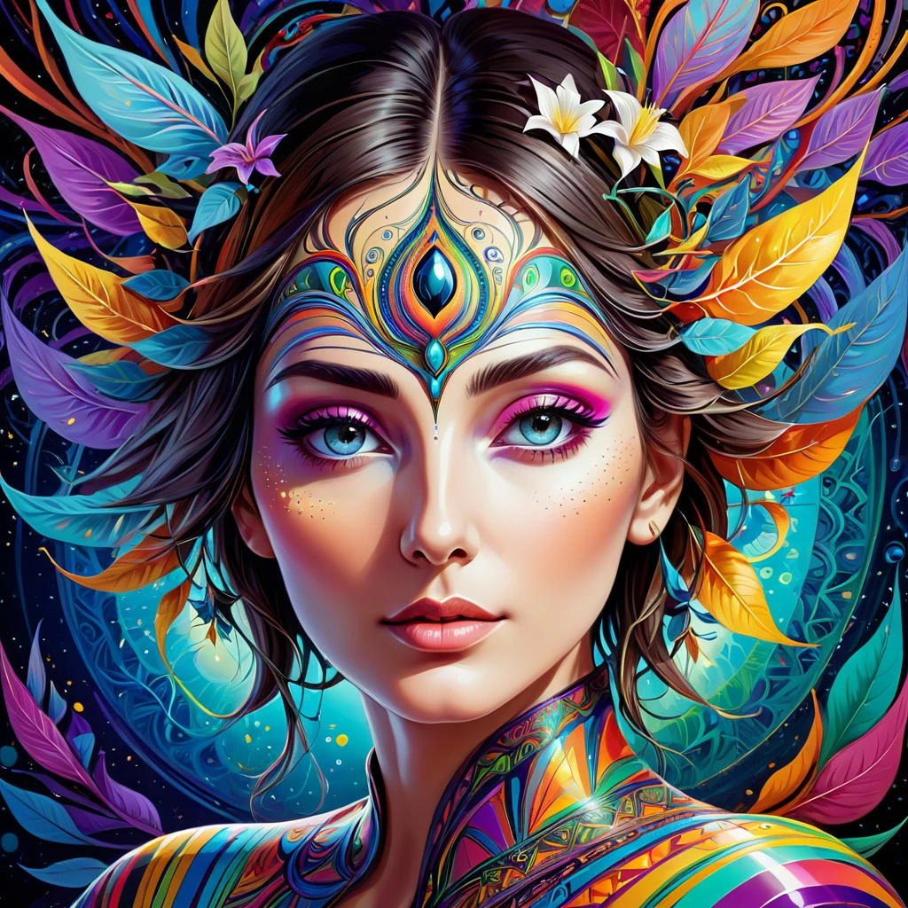 Portrait of a deep psychedelic therapist, surreal,vibrant with colors, hallucinogens, the face, Intricate, chic, agility, The content is very detailed, digitalpainting, art stations, conceptual artwork, sharp focus, illuminations, datura, abstrato, fractalized, patterned, creative, art stations, vector, precise lines,chic curveelhor qualidade,4K,8k,high resolution,work of art:1.2), ultra detali, realisitic:1.37。