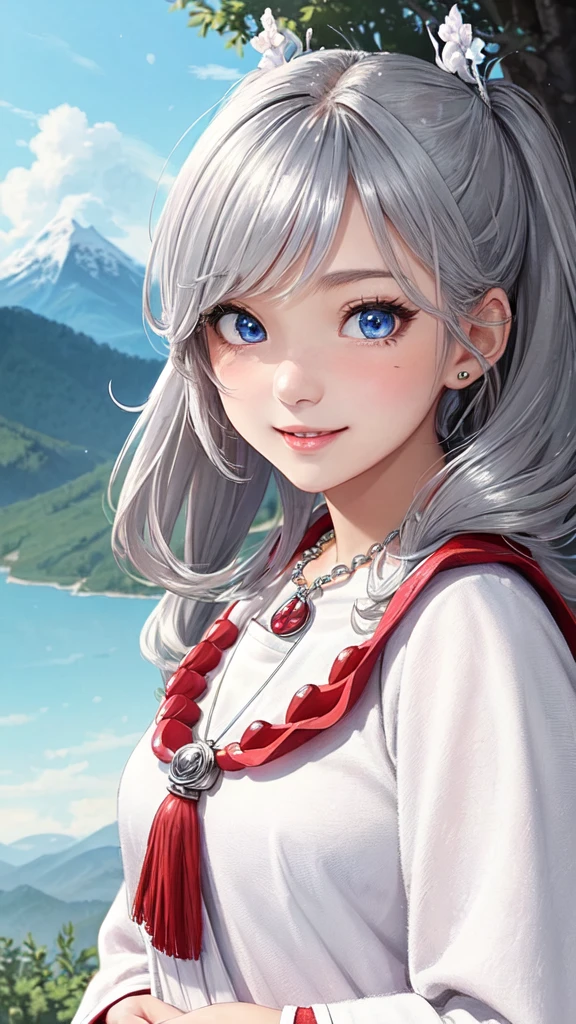 ((masterpiece)), ((best quality)), (ultra-detailed), ((kawaii)), cute, (lovely), ((extremely detailed)), (Detailed eye), (detailed facial features), (Detailed fingers), (detailed clothes features), 4K, (8K), (beautiful), illustration, from side, profile:1.3, forest, ((mountain)), daytime, a cute girl, 1girl, solo, japanese, ((White mage clothes:1.3)), (mage robe:1.3), flat chest, (beautiful silver hair:1.3), ((beautiful hair)), (twin tails), (hair blown by the wind:1.4), beautiful blue eyes, ((beautiful eyes)), (bib necklace:1.4), smile, blush, shiny