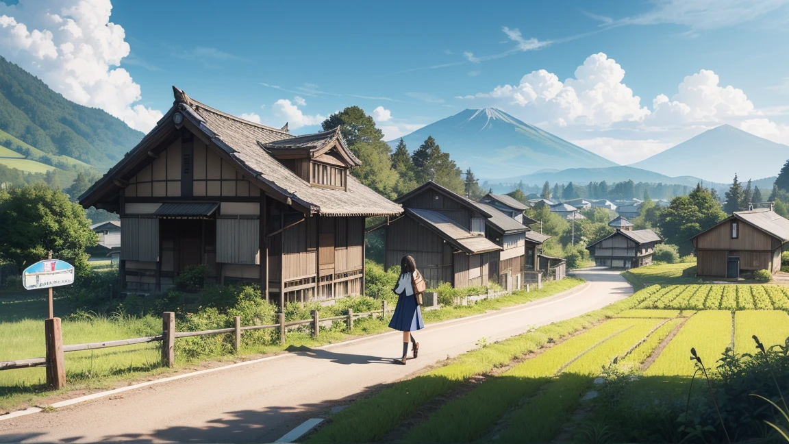 Ghibli, anime, Highest quality、Very detailed、Super Resolution、Ultra HD、8k wallpaper、Amazing details summer, Japan、Rice fields beside the road、Woman walking along a straight country road、A 16-year-old female student in uniform、blue sky、Shining Sun, Wide field of view, Small house and bus stop