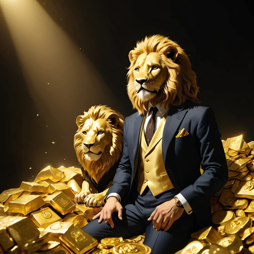 man,Wear a suit,There is a lion.,pile of gold,Rich in film lighting, 