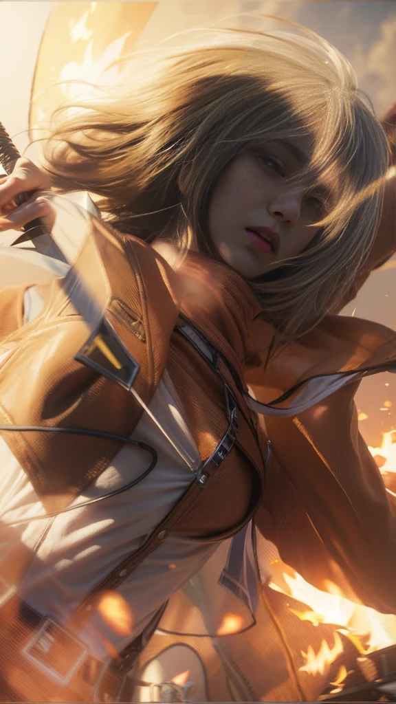 Mikasa ackerman, attack on Titan famale, black short hair, gray eyes, brown attack on titan uniform, angry face, halding a sword, detailed hand, detailed face, detailed eye, fire effect:1.4, light effect:1.2, ultra-realistic1.2, ultra-detailed1.2, bestquality, masterpiece.