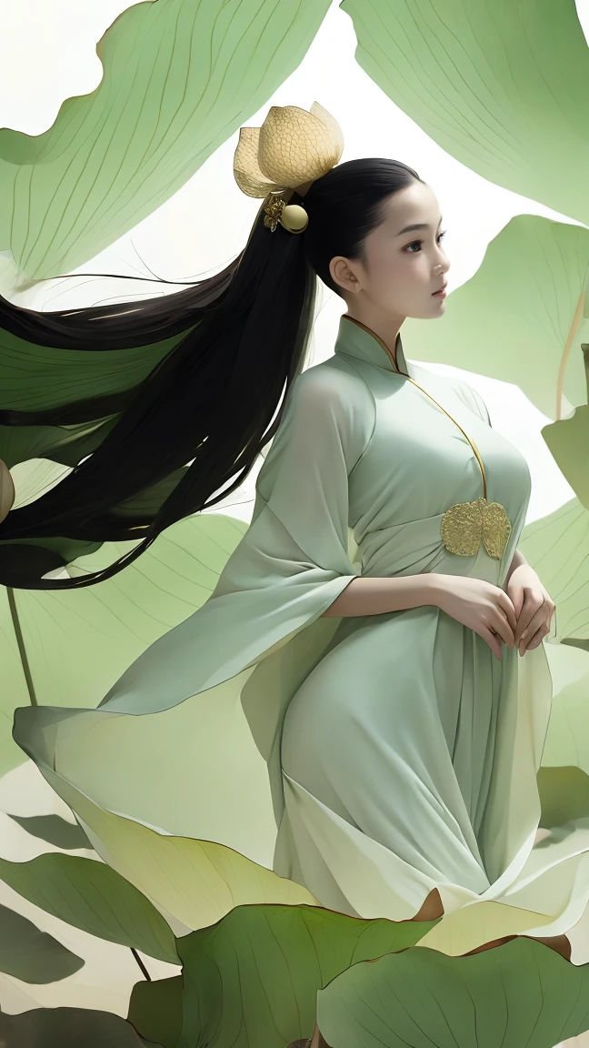 ((best quality)), ((masterpiece)), ((actual)), 1 girl, alone:2,lotus_Yoko_Fairy,close up，fair，Dynamic movement, anatomically correct, Traditional Chinese costumes, extreme details,Full body shooting,long hair