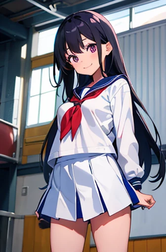 School gym　on stage　-year-old　Large Breasts　B Hairng Hair　The eyes are purple　smile　（（1 person））　White half-length sleeve sailor suit　Navy blue mini skirt　White panties　White socks　Indoor sports shoes　Stand with open arms（（I can see White panties））　from the front　Dynamic Angle　Low Angle