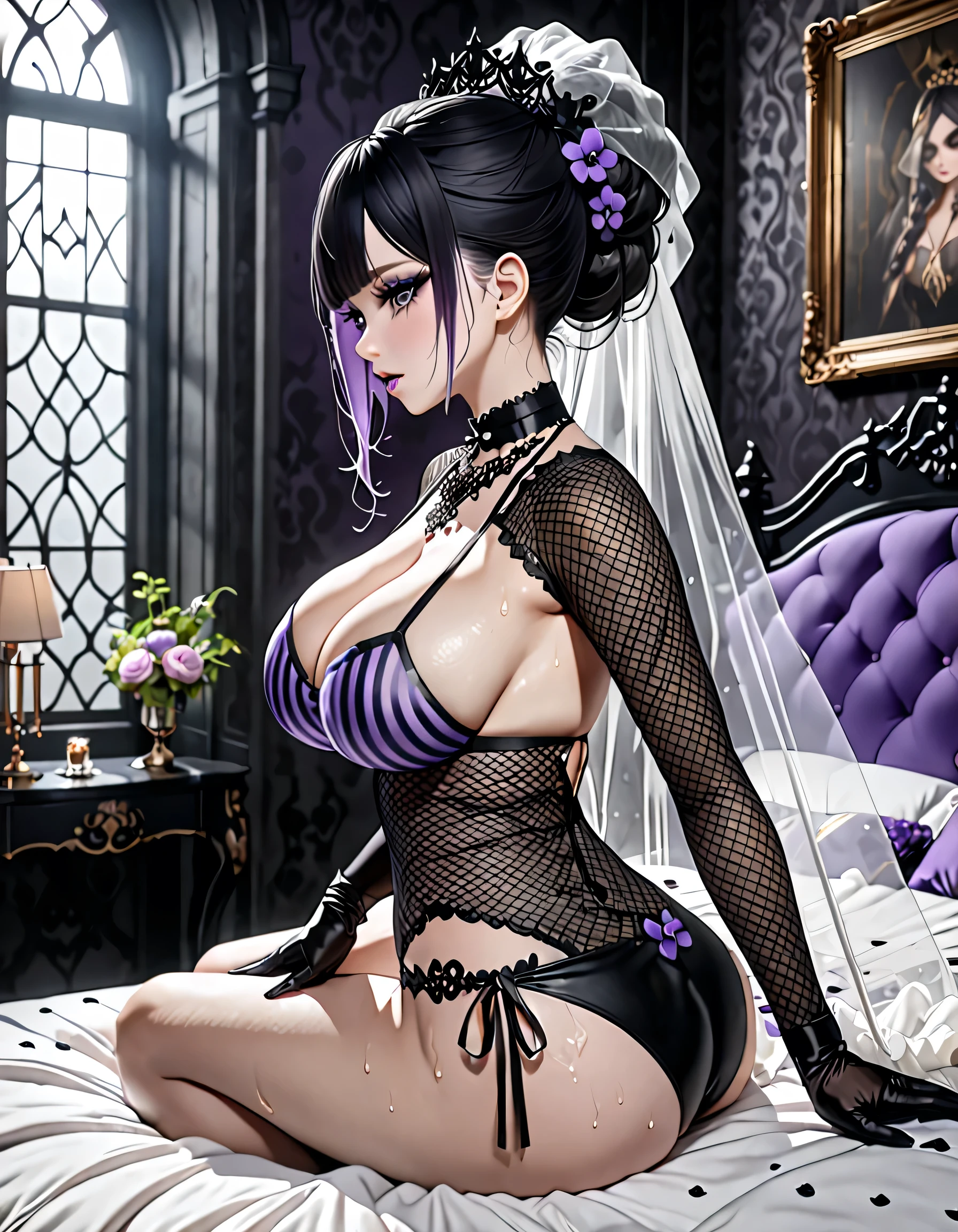 (((Highest quality, Ultra-high resolution、The most complex and detailed depiction)))、((masterpiece:1.3)), (8k, RAW Photos, Best image quality: 1.4), Very detailedな顔、Attention to detail、(Beautiful woman:1.4),(Realistic:1.4) (8k, RAW Photos,), (photo-Realistic:1.2), Very detailed, Beautiful attention to detail, (girl:1.3)、Dark eyeliner、Eyelash length、False eyelashes、double eyelid、emerald green eyes、Light fluorescent lip gloss, ((hostess:1.2))，(((gothic Bride in prom dress)))、(((strips print bikini ),(gothic )、(black wreath on head、Wedding veil、Maria veil))、black heart choker around the neck),(((Open gothic wedding dress)))、(((black mesh opera gloves))),(Huge breasts:1.6),、(Cleavage:1.2)、(((black hair with purple highlights 、Braided hair、((Putting hair together at the back of the head，Hair Up)))))、Gal-style makeup、Dark eyeliner、black eyeliner、Heavy eye makeup、Eyelash length、False eyelashes、Eyelash length、Big eyes、Big black eyes、Big eyes、elongated nose、Heavy makeup、Face with gills、Spread your legs and face forward.、(((whole body)))、Spread your legs座る、Spread your legs、sexy、Glamorous Body、(Saggy breasts、Large saggy breasts)、((Sweat、Your body is wet))、(((Lie face up on the bed)),(Breastfeeding with your arms、Cover your crotch with your hands)