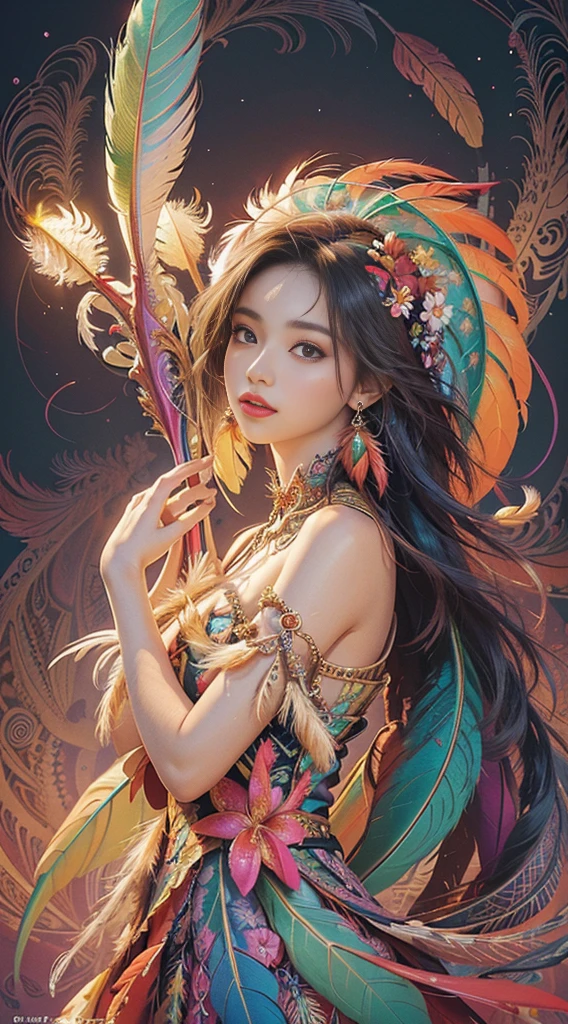 (masterpiece, top quality, best quality, official art, beautiful and aesthetic:1.2), (1girl:1.3), extremely detailed,(fractal art:1.1),(colorful:1.1)(flowers:1.3),highest detailed,(zentangle:1.2), (dynamic pose), (abstract background:1.3), (shiny skin), (many colors:1.4), ,(earrings), (feathers:1.5) , (Flamethrower:1.3),red background,Phoenix dress,