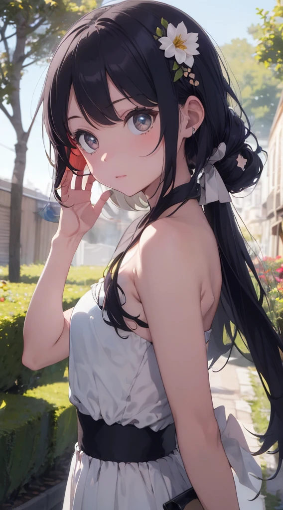 【Best Quality】Best Masterpiece,(Petite Girl:1.5),Lace,Ribbon,Hanfu,(Masterpiece, Side Light, Delicate Beautiful Gray Eyes: 1.2), Masterpiece, Realistic, Luminous Eyes,Glossy Hair, Black Hair, Long Long Hair, Shiny Skin, Solo, Embarrassing,Strapless,Exquisite,Beautiful,Garden,Flower,Flying Petals,Professional Fantastic Effects,Best Rendition Like a Movie Scene