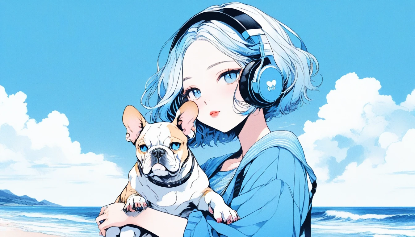 Illustrator, anime , Realistic ,sketch , An adult woman holding a cute bulldog puppy wearing headphones, lip, nail、T-shirt,order,Textured Trim, (masterpiece,Highest quality) Blue background, Neon Hair,Textured Trim, Canadian, (masterpiece,Highest quality) Cancer，Summer landscape、Seaside、Blue sky、white waves、Vision、