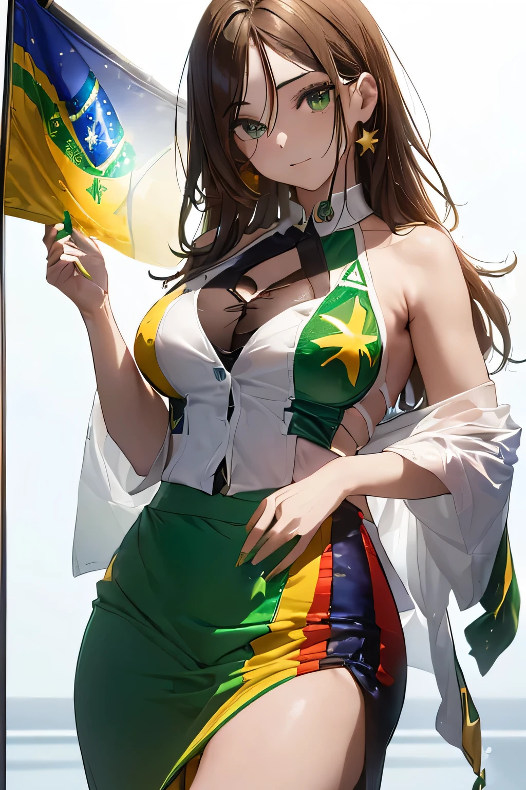 (((Brazilian flag-inspired outfit:1.3))),(26 stars,golden green flag),(((Woman in men's clothing:1.3))),(masterpiece,Highest quality,Ultra-high resolution output images,Write boundary depth,Intricate details,Adding dimension to your subject with the contrast of light and shadow,Anatomically correct facial structure),(Picture Mode Ultra HD,)