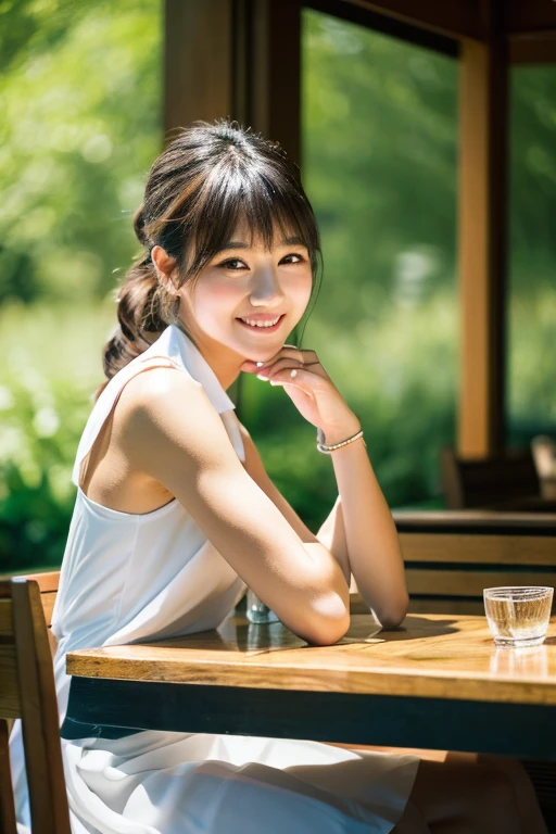 High resolution, masterpiece, Anatomically correct, High detail, High-resolution model, At an open cafe in the forest、Beautiful Japanese woman relaxing alone, Bangs, Low ponytail, Braided Ponytail, Smiling comfortably, A sleeveless white dress with a gradation to navy blue, A stylish dress made of thin fabric, Fresh Green Forest, Bright sunlight, The outline of her hair shines in the backlight, The reflection of the table surface provides a moderate lighting effect on the face from below, whole body, Iced tea on the table, Cinematic light effects, A refreshing image of the morning, Woody and clean furnishings, field, sense of openness,