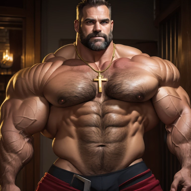 Thick Gold Cross on a necklace. 50 years old, greying hair. He is an absolute muscle monster, with impossibly broad, well toned shoulders and a V shaped body with narrow waist. His shoulders are three times wider than his waist. Bare-chested, he is hairy chested, balding, with stubble. His adult son Stands next to him