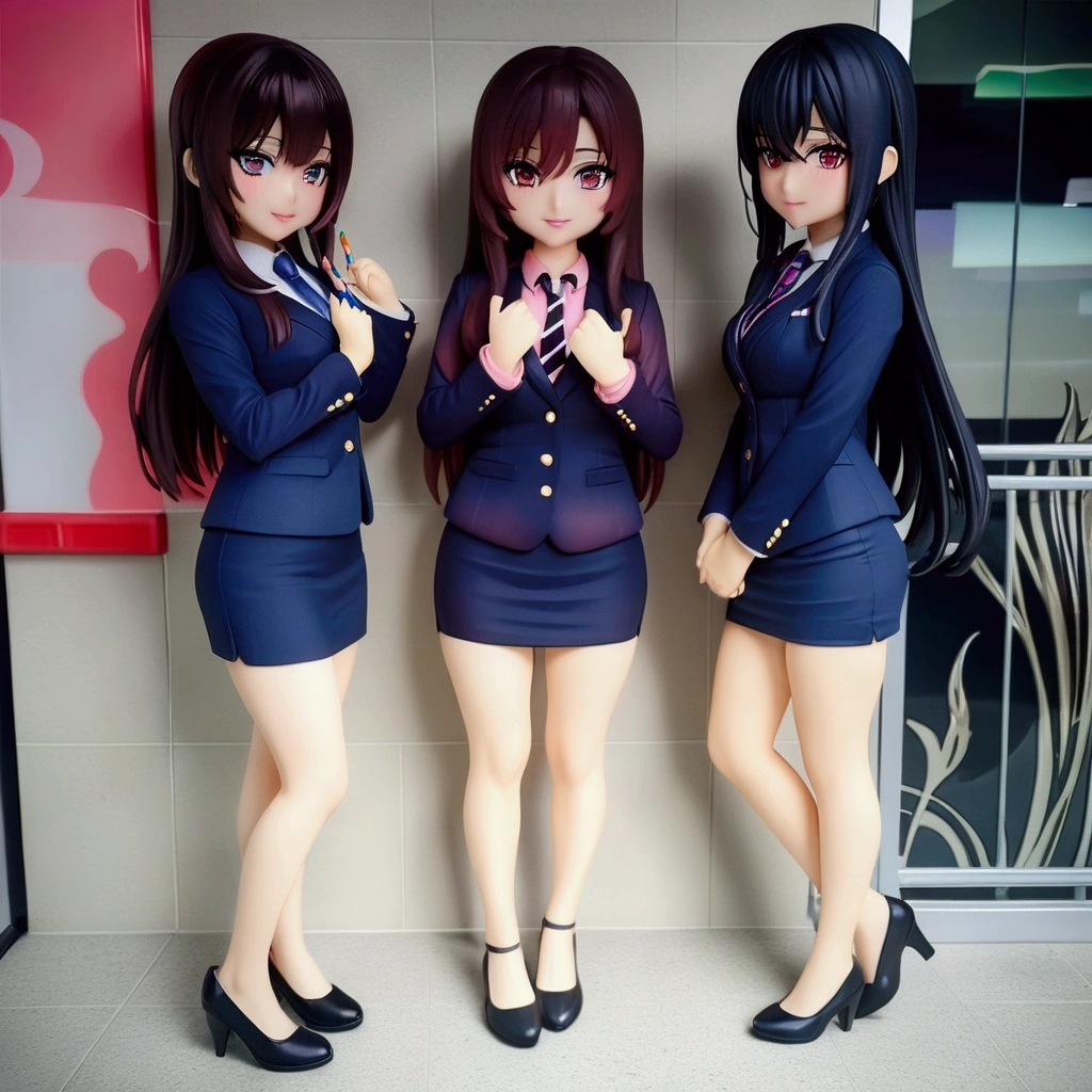 figurine of pretty student girl, (black long hair girl), (wearing navy-blue blazer, pink shirt with navy-blue tie, navy-blue pencil skirt, black heel cutshoe), (3girls, full body), (masterpiece, best quality), (navy-blue blazer, pink shirt with navy-blue tie, navy-blue pencil skirt, black heel cutshoe)