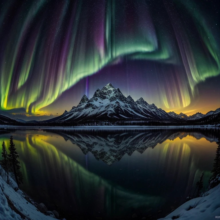 Masterpiece, high quality, Snowy mountains, glass, reflections, fisheye effect, vibrant lights, aurora, backlit, floating in aether, universe, portal in space, mists, (8k, RAW photo, best quality, ultra high res, photorealistic, masterpiece, ultra-detailed, Unreal Engine)