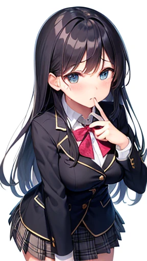 One girl, ray1, alone, Emoji, Beautiful anime outline, Anime Pose, , Long sleeve, Checked skirt, polka_DOT Jacket, Leaning forward, Point to your audience, cry, Sad expression, 6 different expressions, Emojiパック, Cowboy Shot, masterpiece, Highest quality, High resolution 、Large Breasts、Long black hair