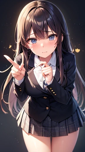 One girl, ray1, alone, Emoji, Beautiful anime outline, Anime Pose, , Long sleeve, Checked skirt, polka_DOT Jacket, Leaning forward, Point to your audience, cry, Sad expression, 6 different expressions, Emojiパック, Cowboy Shot, masterpiece, Highest quality, High resolution 、Large Breasts、Long black hair