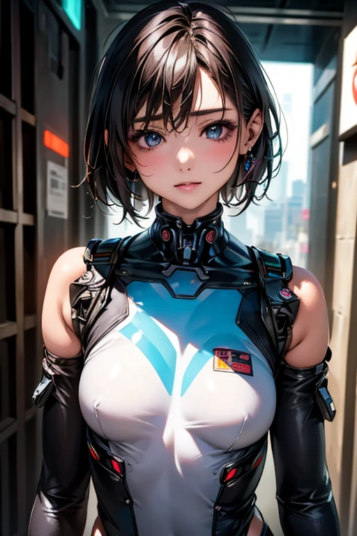 ((Highest quality)),(超High resolution),(Very detailed),(Detailed Description),((The best CG)),(masterpiece),Ultra-detailed art、(Highest quality、8k、32K、masterpiece)、(Realistic)、(Realistic:1.2)、(High resolution)、Very detailed、Very beautiful face and eyes、1 female、Tight waist、Delicate body、(Highest quality、Attention to detail、Rich skin detail)、(Highest quality、8k、Oil paints:1.2)、Very detailed、(Realistic、Realistic:1.37)、Bright colors、Beautiful Japanese Woman、Detailed face、Smooth Skin、Big Breasts、A young woman in her early 20s、I work as a nurse in a cyberpunk city.。((Asymmetrical short hair、Neon Blue))、I can see the cybernetic implants on his temples.。Her eyes are cybernetically enhanced、Emits a soft green light、There is a small holographic display in the left eye.。she未来的なナースユニフォームを着ており、Sleek white bodysuit with silver accents and integrated technology。The uniform has a high collar、Fits the body、Illuminated medical symbols on sleeves and chest。she内蔵された医療スキャナー付きの膝丈の白いブーツを履いており、I have a high-tech medical kit.。As an accessory、Holographic ID Badge、Small communication earpiece、And others々He wears a utility belt equipped with various medical tools.。In the background、A neon-lit cyberpunk cityscape spreads out before you.、Towering Skyscrapers、Holographic Advertising、Advanced robot assistants in sight。she、Standing in front of a hi-tech clinic with a luminous cross symbol and stylish contemporary design。