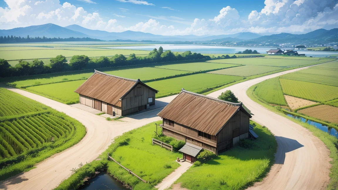 Ghibli, anime, Highest quality、Very detailed、Super Resolution、Ultra HD、8k wallpaper、Amazing details summer, Japan、Rice fields beside the road、Woman walking along a straight country road、A 16-year-old female student in uniform、blue sky、Shining Sun, Wide field of view, Small house and bus stop