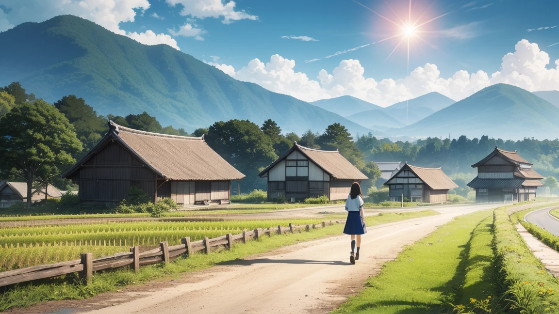 Ghibli, anime, Highest quality、Very detailed、Super Resolution、Ultra HD、8k wallpaper、Amazing details summer, Japan、Rice fields beside the road、Woman walking along a straight country road、A 16-year-old female student in uniform、blue sky、Shining Sun, Wide field of view, Small house and bus stop