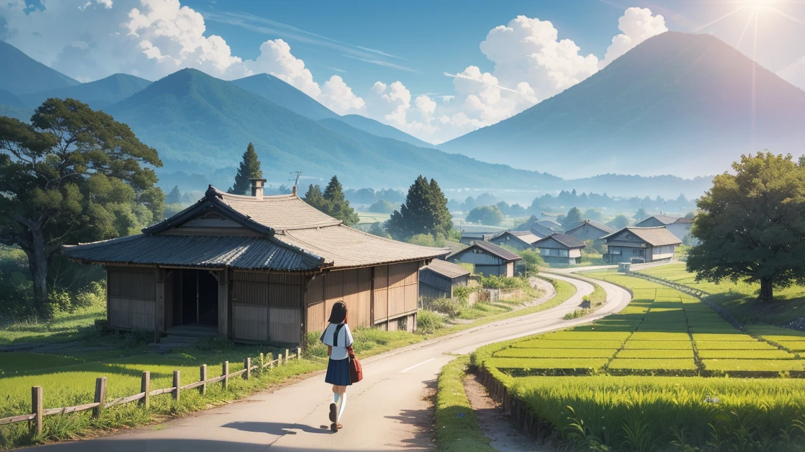Ghibli, anime, Highest quality、Very detailed、Super Resolution、Ultra HD、8k wallpaper、Amazing details summer, Japan、Rice fields beside the road、Woman walking along a straight country road、A 16-year-old female student in uniform、blue sky、Shining Sun, Wide field of view, Small house and bus stop