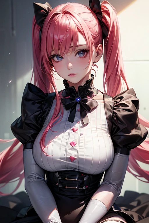 ((Highest quality)),(超High resolution),(Very detailed),(Detailed Description),((The best CG)),(masterpiece),Ultra-detailed art、(Highest quality、8k、32K、masterpiece)、(Realistic)、(Realistic:1.2)、(High resolution)、Very detailed、Very beautiful face and eyes、1 female、Tight waist、Delicate body、(Highest quality、Attention to detail、Rich skin detail)、(Highest quality、8k、Oil paints:1.2)、Very detailed、(Realistic、Realistic:1.37)、Bright colors、Beautiful Japanese Woman、Detailed face、Smooth Skin、Big Breasts、A young woman in her early 20s、I work as a maid in a cyberpunk town.。She has long, straight pink hair in twin tails.、Tied with neon green ribbon。Her eyes are big、It is cybernetically enhanced、It has a luminous, otherworldly appearance.。She is wearing a futuristic maid outfit.、The black and white dress features metallic accents.、She wears a fitted bodice with a high collar and a short skirt with holographic ruffles。She is wearing thigh-high stockings with LED patterns、She's wearing shiny black boots。Her accessories include、A headband with cybernetic cat earr.々There is a small apron with some high-tech gadgets.。In the background、Holographic advertising、Flying cars、You'll see bustling neon-lit cityscapes filled with advanced robot residents.。The inside of the cafe where she works、A stylish, high-tech cafe with glowing tables and futuristic décor。