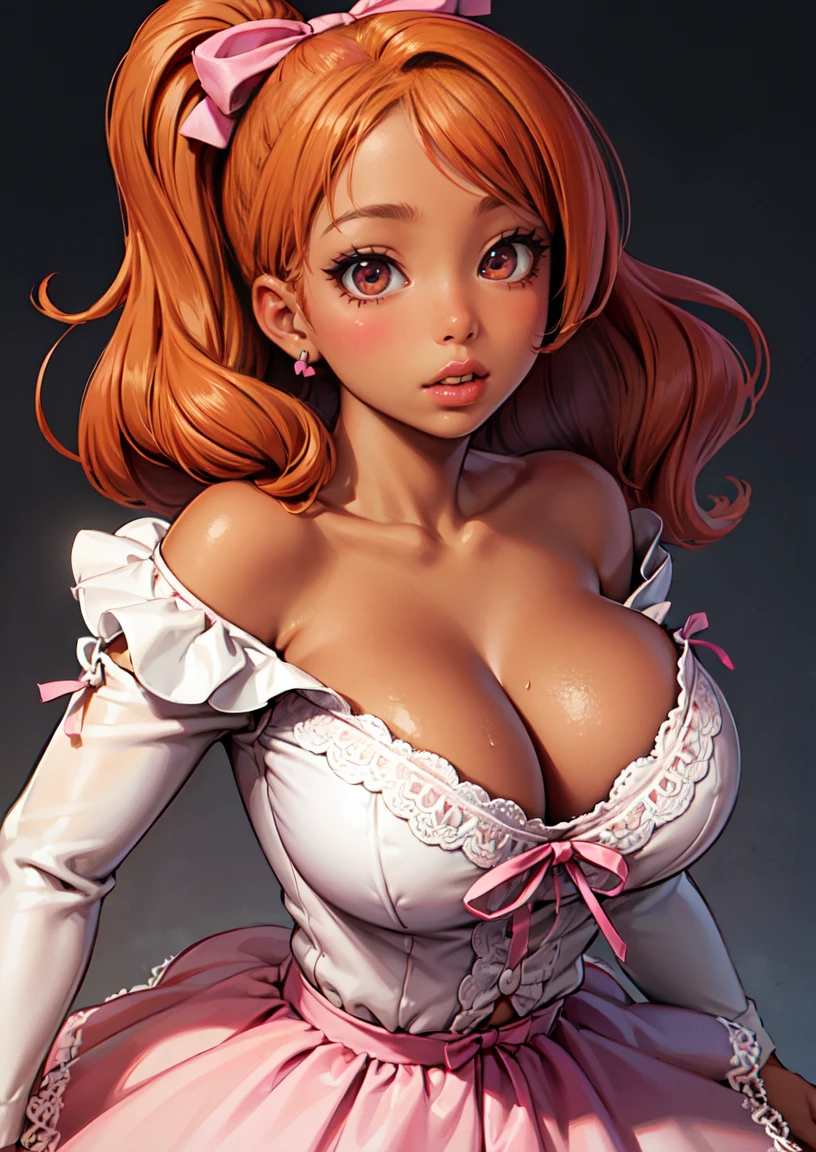 darkskin+++++, tanned+++, dark brown skin1:9++, bright orange hair, hair down, pink eye, big breast++, thick lips, pink bow+, detailed eyes+, (highest quality, amazing details:1.3), (solo:1.3), masterpiece, glossy lips, dolly lips+, pouty lips++, pink bow+, strapless shirt, cleavage, bow symbol++, lace woven shirt, puff sleeve skirt