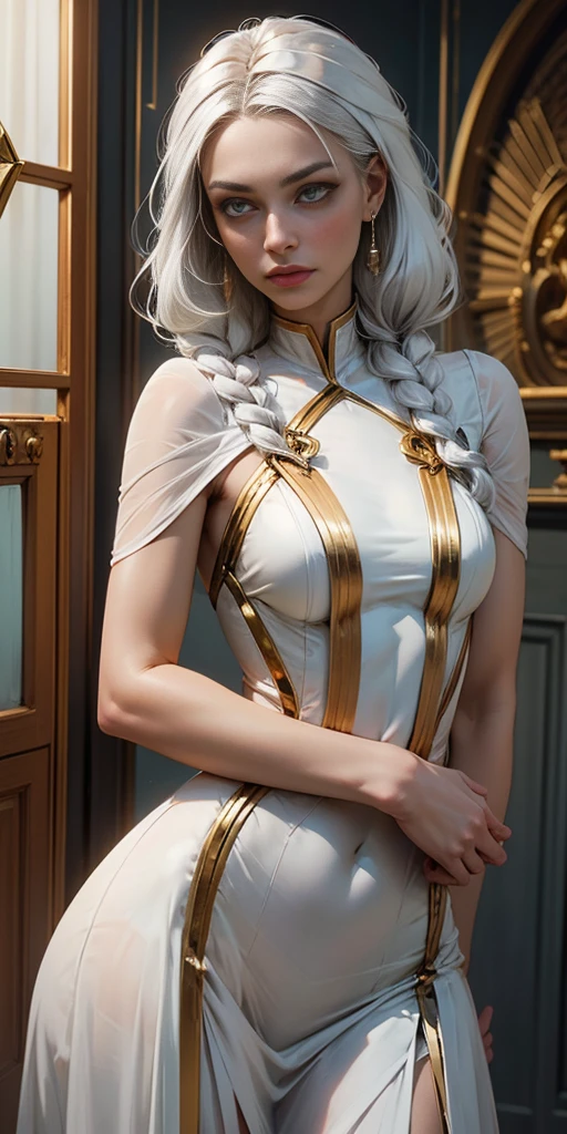 Best Quality, masterpiece, white hair woman, gold eyes,White clothes, seeking out, Upper part of the body,lock of hair,White skin,side braids