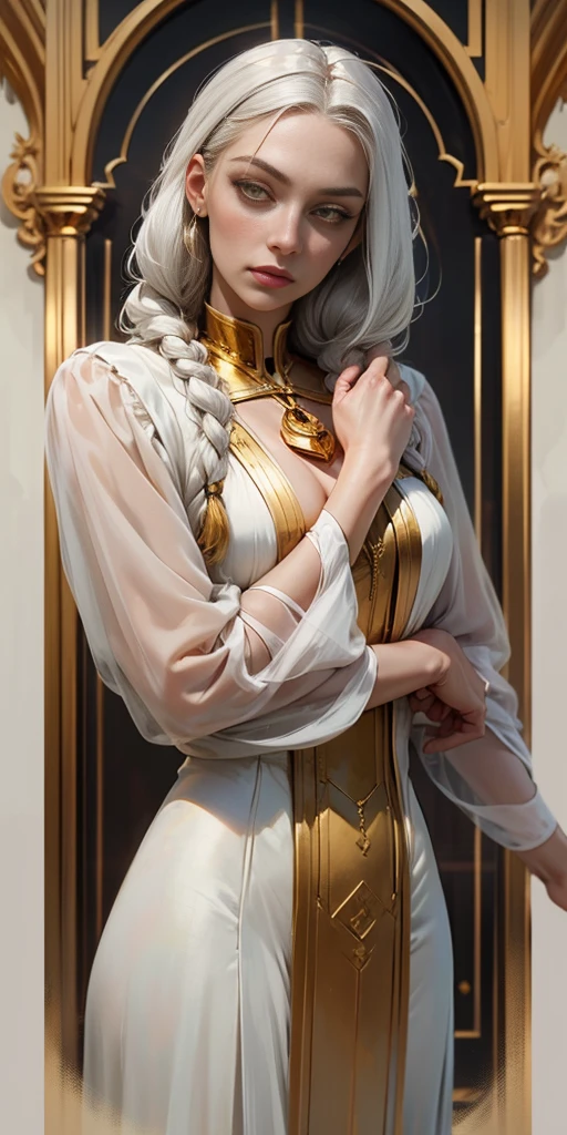 Best Quality, masterpiece, white hair woman, gold eyes,White clothes, seeking out, Upper part of the body,lock of hair,White skin,side braids