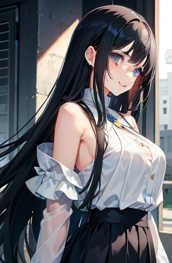 Beautiful girl,Black Hair,Below shoulder length hair,Smooth straight hair,Eyes of Determination,Beautiful Blue Eyes,Childlike height,Manga Style,Full Color,high school girl,A childlike smile,、Big Breasts、long hair