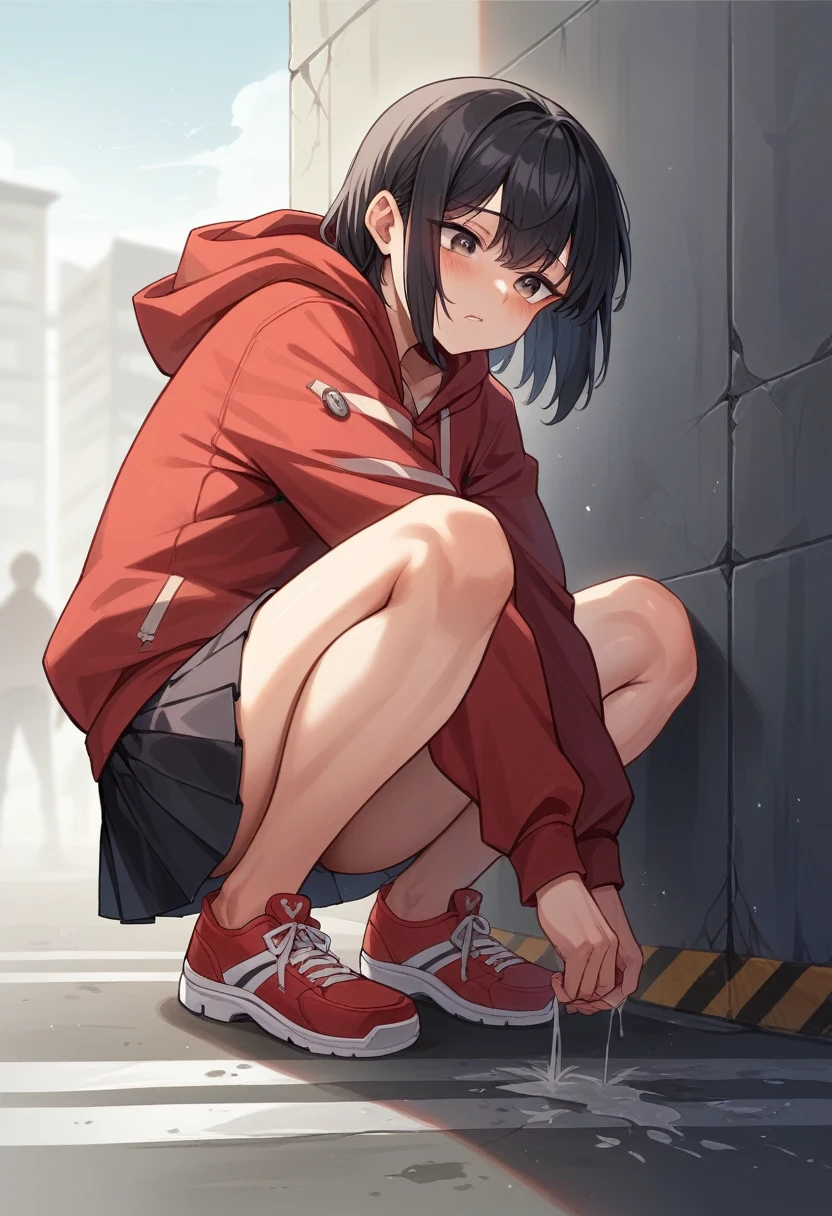 One 13-year-old girl,Wear a red hoodie,Wear a red polka dot mini skirt,Black Hair,Red sneakers,Stand backwards,Concrete walls and floors,Outdoor,Stand with your feet apart,Grab the hem of your skirt,To pee,Spilling water from the crotch,A ditch with concrete grooves at your feet,The girl is Korean.、Crouching