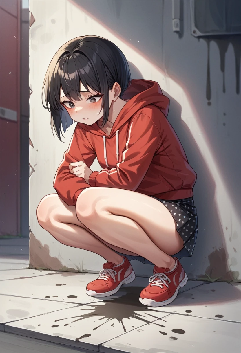One ,Wear a red hoodie,Wear a red polka dot mini skirt,Black Hair,Red sneakers,Stand backwards,Concrete walls and floors,Outdoor,Stand with your feet apart,Grab the hem of your skirt,To pee,Spilling water from the crotch,A ditch with concrete grooves at your feet,The girl is Korean.、Crouching