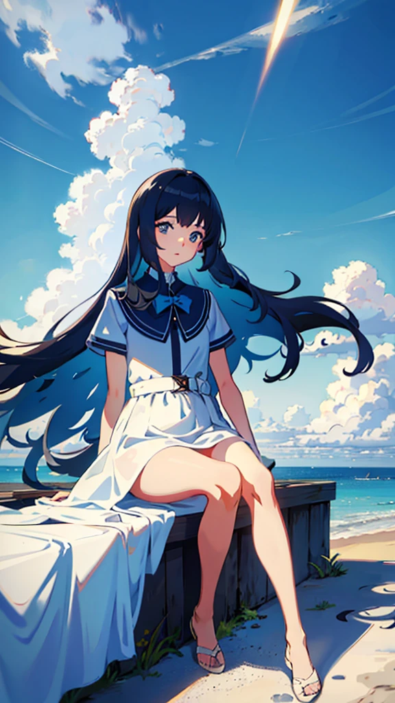 blue sky，The sky is clear，cloudless sky，landscape， Vanishing Point， From below， masterpiece， The girl is falling， Highest quality， 8k， summer， noon， Light of the sun， blue sky， See-through， Depth of written boundary， High resolution， Fine details， Super detailed