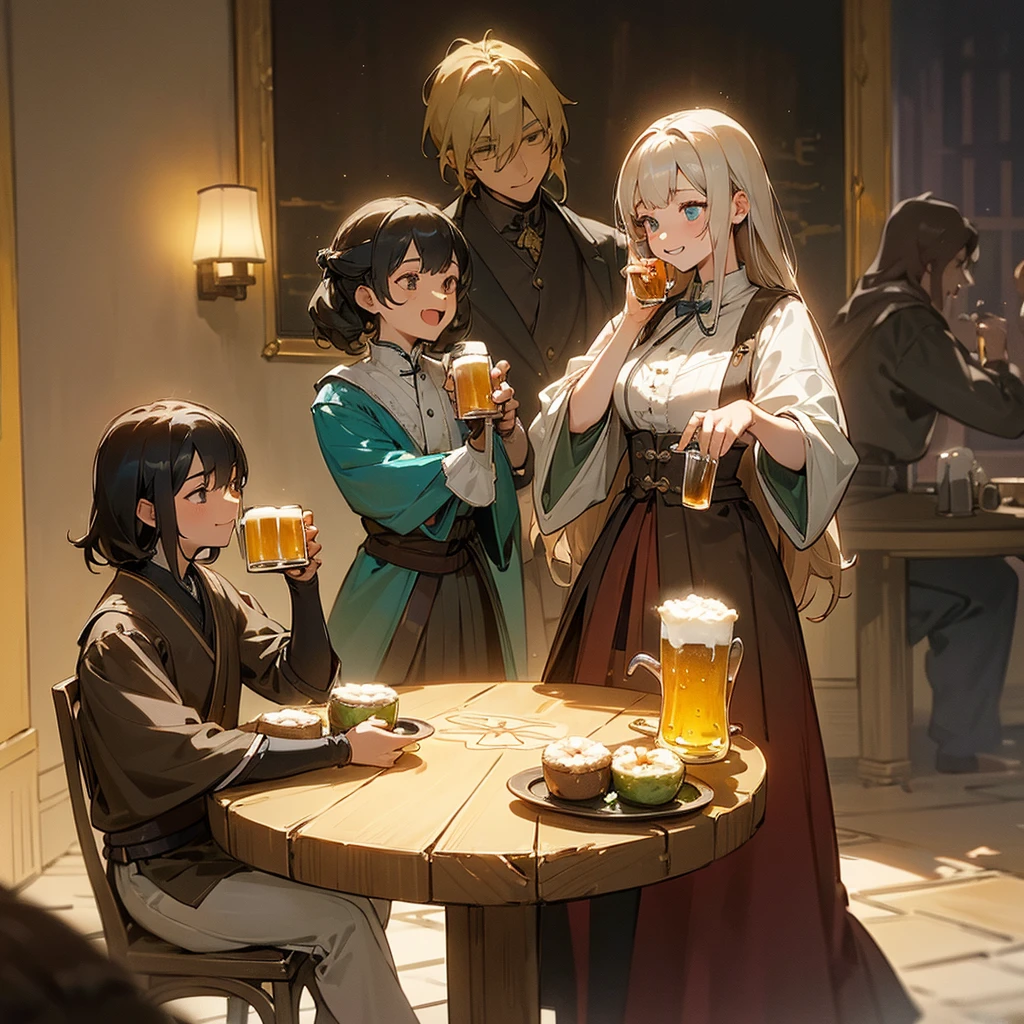 masterpiece, Highest quality, 酒場で祝うMedieval騎士のグループ, Fantasy, Medieval, night, Dynamic pose, beautiful detaileded brilliance((Four people of four different races sitting around a round table)), They are happy and smiling, Beer on the table, (((Four people toasting with beer mugs)))+++, ((Four people holding beers))++, break 4 people are mixed gender,All smiles , Happy atmosphere, break, detailed, Realistic, 4k highly detaileded digital art, Octane Rendering, Bioluminescence, break 8K resolution concept art, realism, Learning Map, Official Art, figure, Ligne Claire, (nice_color), Perfect composition, Absurd, Fantasy, concentrated, Three-part method