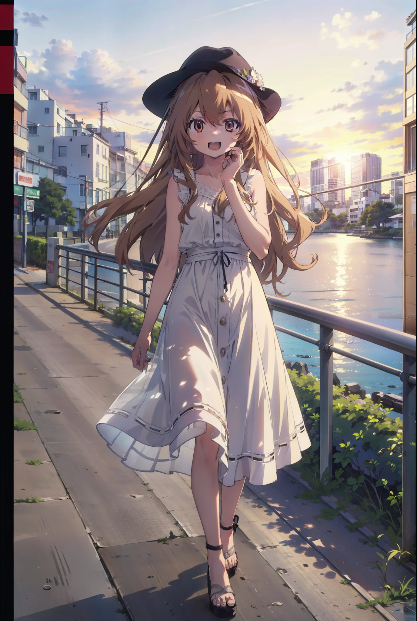 Aisaka Taiga, Aisaka Taiga, Long Hair, Brown Hair, Brown eyes,happy smile,smile, Open your mouth,White hat,White sleeveless dress,Long skirt,Heeled Sandals,evening,sunset,The sun is setting,whole bodyがイラストに入るように,Walking,　　　　　　　　　　　　  　　　　　break looking at viewer, whole body,　　　　　
break outdoors,Coastal Road,In town,
break (masterpiece:1.2), Highest quality, High resolution, unity 8k wallpaper, (shape:0.8), (Beautiful attention to detail:1.6), Highly detailed face, Perfect lighting, Extremely detailed CG, (Perfect hands, Perfect Anatomy),