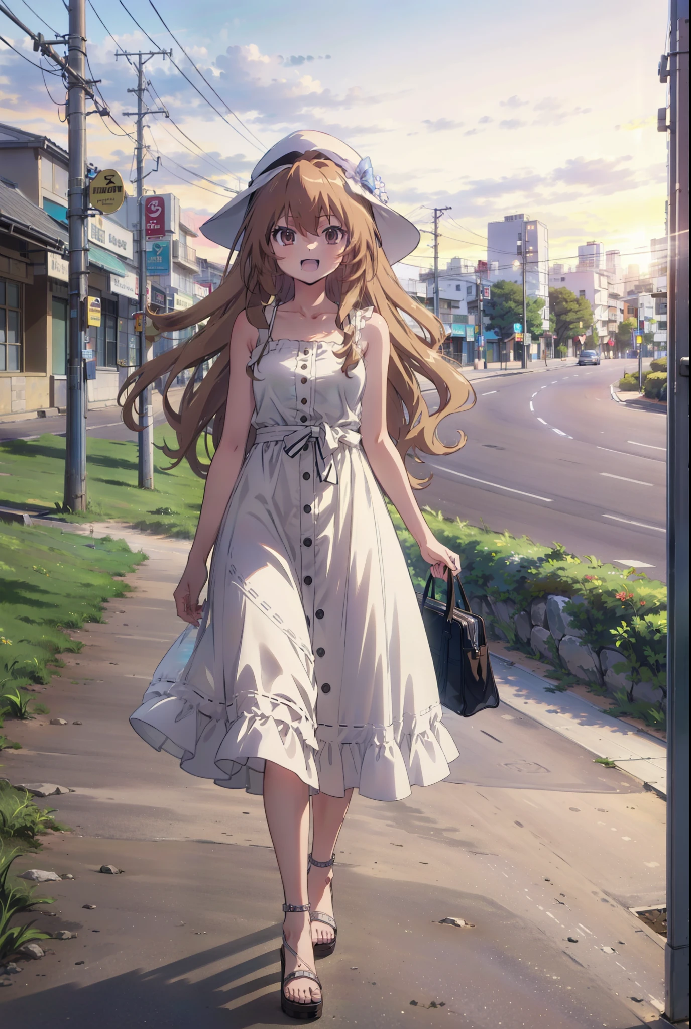 Aisaka Taiga, Aisaka Taiga, Long Hair, Brown Hair, Brown eyes,happy smile,smile, Open your mouth,White hat,White sleeveless dress,Long skirt,Heeled Sandals,evening,sunset,The sun is setting,whole bodyがイラストに入るように,Walking,　　　　　　　　　　　　  　　　　　break looking at viewer, whole body,　　　　　
break outdoors,Coastal Road,In town,
break (masterpiece:1.2), Highest quality, High resolution, unity 8k wallpaper, (shape:0.8), (Beautiful attention to detail:1.6), Highly detailed face, Perfect lighting, Extremely detailed CG, (Perfect hands, Perfect Anatomy),