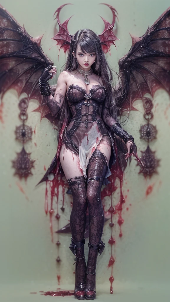 (32K:1.5, Dark fantasy:1.4, Highest quality, masterpiece, Ultra-high resolution), Perfect dynamic composition:1.3, chaos, darkness, Prisoner, slave, Dark Demon World, Horror Portrait:1.3, (Detailed tattoos on the whole body:1.4, Wearing elaborate jewelry:1.4), Very detailedな肌と顔の質感:1.3, Very accurate, Very detailed, (Sexy succubus demon with big wings:1.3, Incredibly slim body:1.3, beautifully、beautiful:1.3), Horn, Fair skin, Sensual posture, ((Putting Badly Torn Clothing Back on Properly:1.3)), Medium chest, (Big eyes that exude beautiful eroticism:0.4, Feel the intense caress:1.0, Please open your mouth a little, lipstick, Feel the beautiful eroticism:0.9, Too sexy:0.9, charm的な:0.9), ((Bloody:1.9, Physical pain:1.9, Lots of chains:1.6, Countless chains tangled in clothes:1.6, Chain your right arm:1.5, Chain the left arm:1.5, The right leg is bound with a shackle and chain:1.5, The left leg is bound with a shackle and chain:1.5)), Super long blonde curly hair, Earrings, necklace, bracelet, romantic, mysterious, elegant, Object of admiration, original, dramatic, artistic, Innovative, charm, Heartful, Fancy, sense of openness, sense of cleanliness, special, exciting, Extreme, Tilt, sense of loss, sorrow, sorrowの表現, ((大人のcharm, 女性的なcharm))