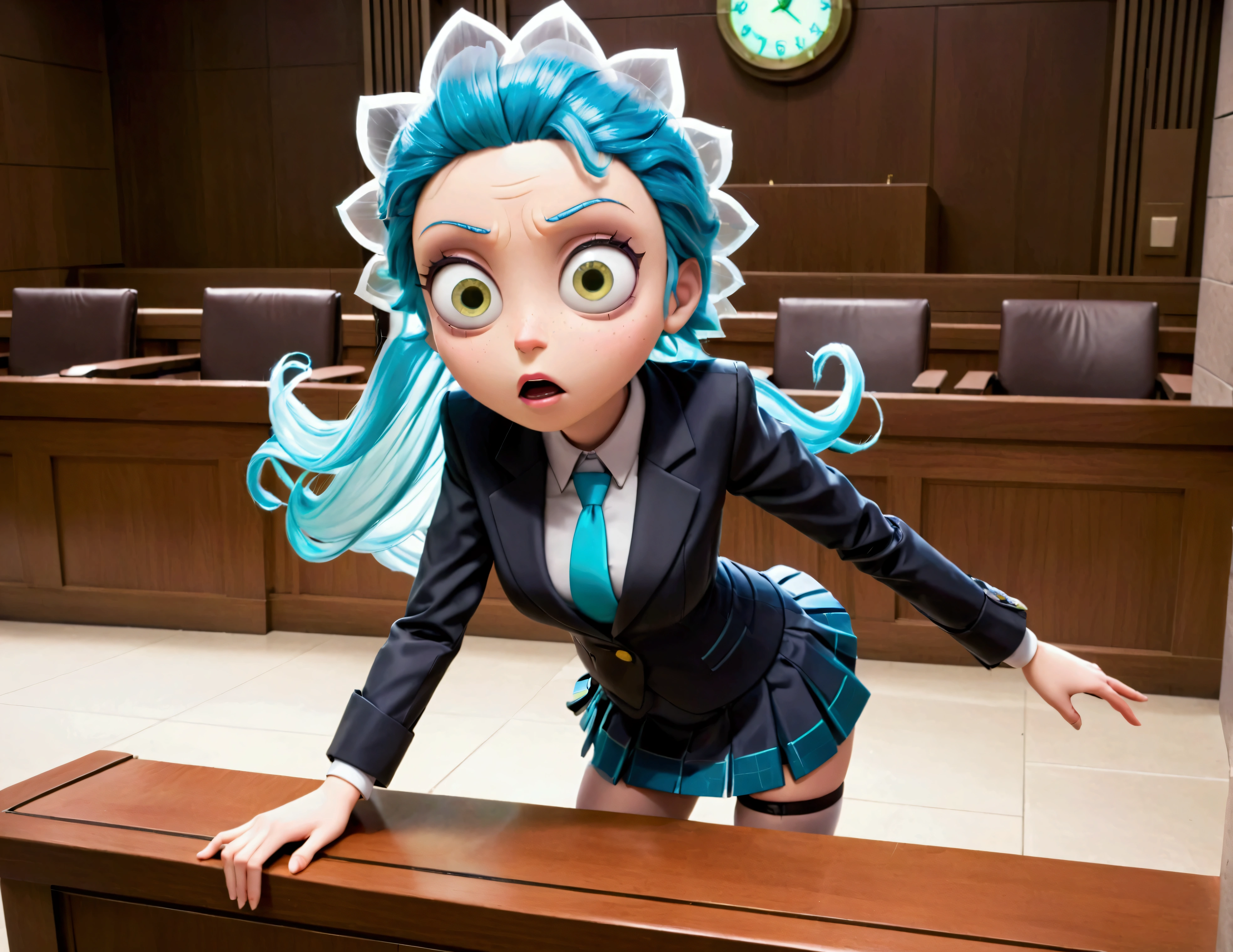 Clock work lawyer (very human, female, obvious mechanical seams at joints, doll like formal suit with mini skirt, glassy eyes) is in a court room, she is question Rick of rick and Morty (science outfit, witness stand), court room
