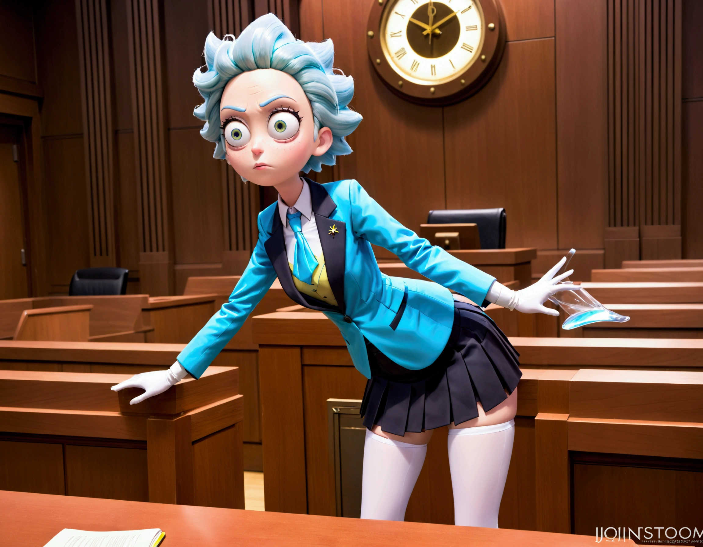 Clock work lawyer (very human, female, obvious mechanical seams at joints, doll like formal suit with mini skirt, glassy eyes) is in a court room, she is question Rick of rick and Morty (science outfit, witness stand), court room