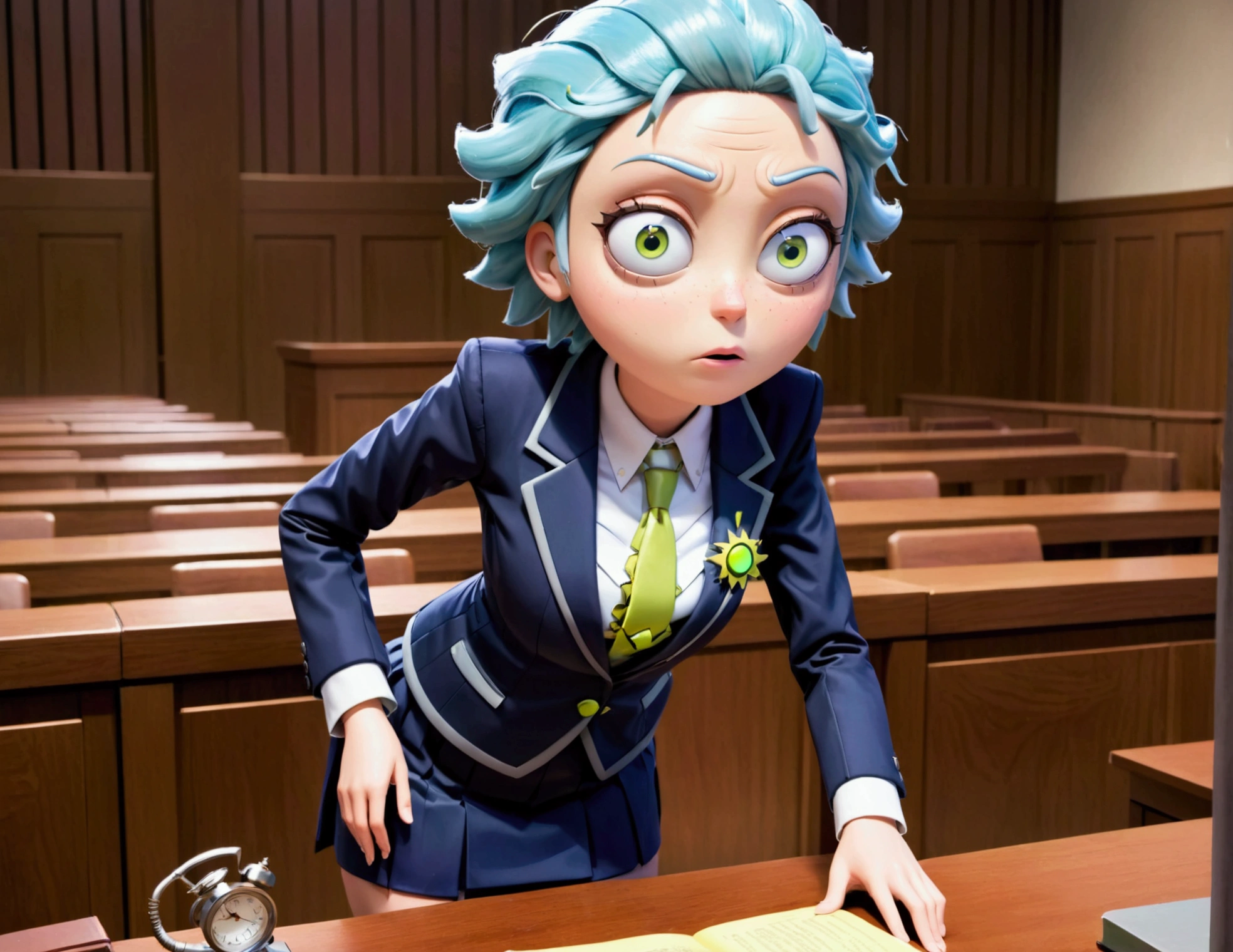 Clock work lawyer (very human, female, obvious mechanical seams at joints, doll like formal suit with mini skirt, glassy eyes) is in a court room, she is question Rick of rick and Morty (science outfit, witness stand), court room
