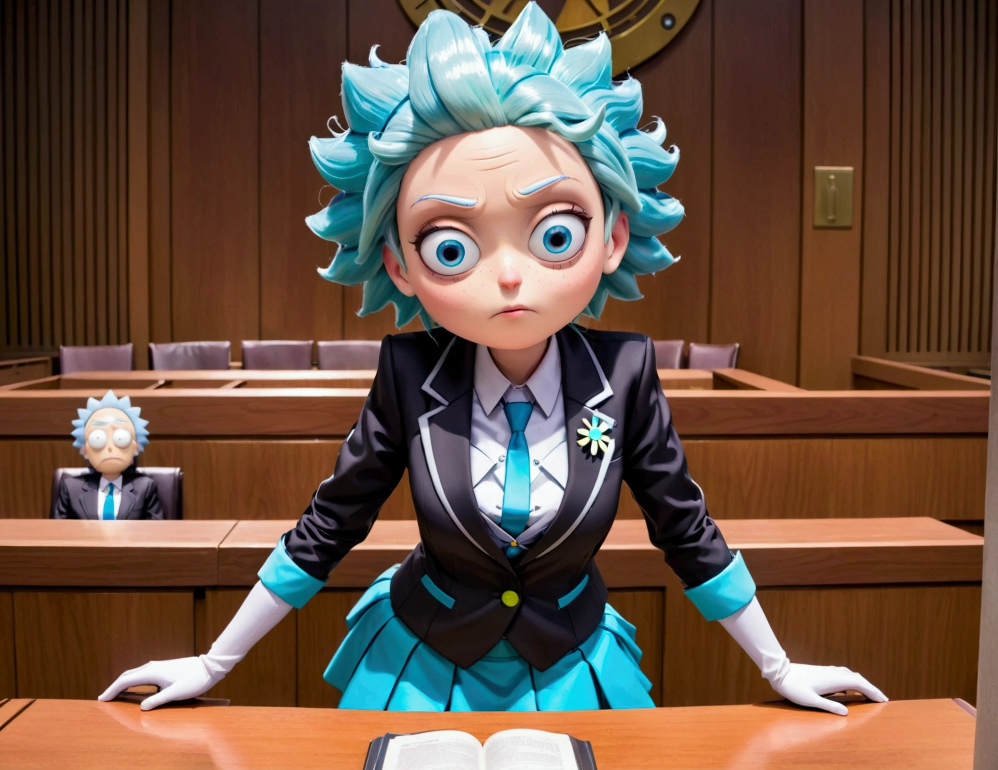 Clock work lawyer (very human, female, obvious mechanical seams at joints, doll like formal suit with mini skirt, glassy eyes) is in a court room, she is question Rick of rick and Morty (science outfit, witness stand), court room