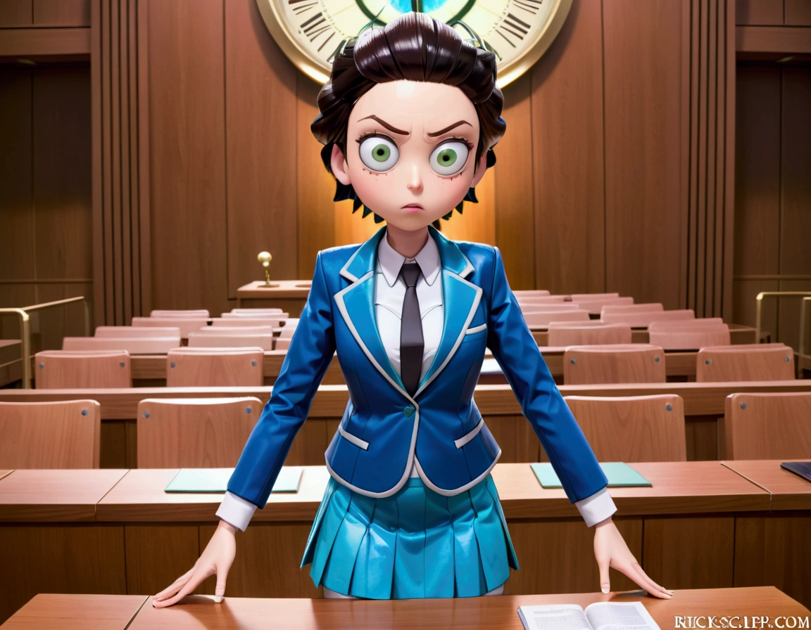 Clock work lawyer (very human, female, obvious mechanical seams at joints, doll like formal suit with mini skirt, glassy eyes) is in a court room, she is question Rick of rick and Morty (science outfit, witness stand), court room
