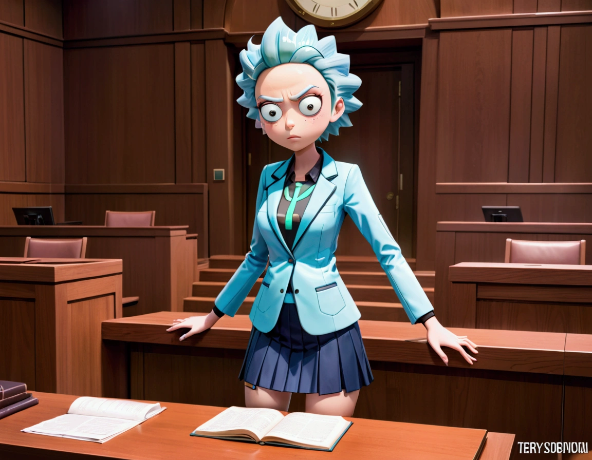 Clock work lawyer (very human, female, obvious mechanical seams at joints, doll like formal suit with mini skirt, glassy eyes) is in a court room, she is question Rick of rick and Morty (science outfit, witness stand), court room