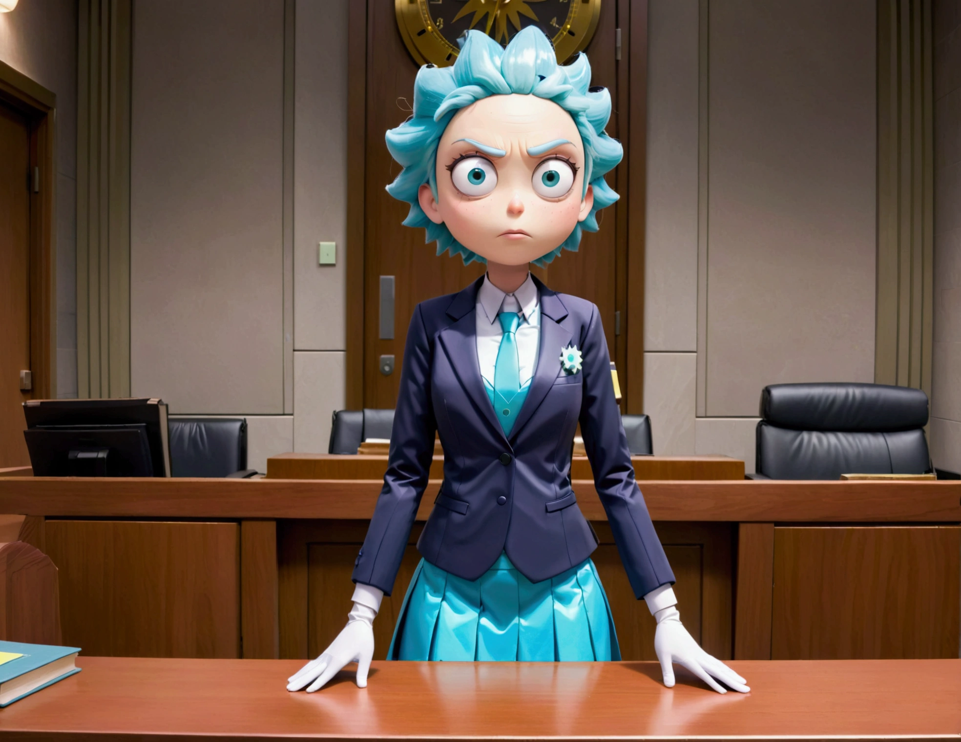 Clock work lawyer (very human, female, obvious mechanical seams at joints, doll like formal suit with mini skirt, glassy eyes) is in a court room, she is question Rick of rick and Morty (science outfit, witness stand), court room
