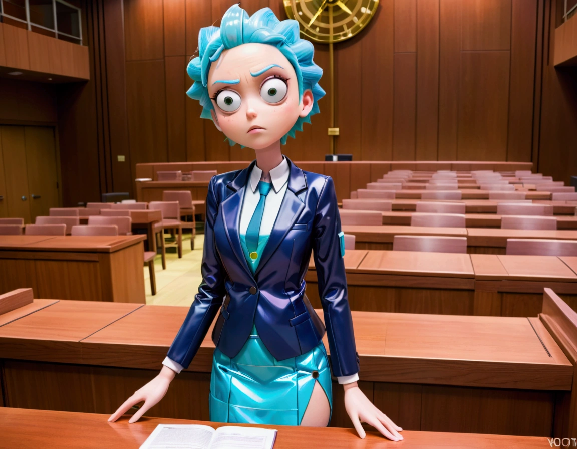 Clock work lawyer (very human, female, obvious mechanical seams at joints, doll like formal suit with mini skirt, glassy eyes) is in a court room, she is question Rick of rick and Morty (science outfit, witness stand), court room