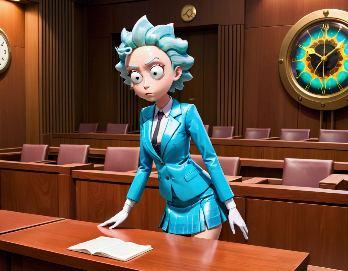 Clock work lawyer (very human, female, obvious mechanical seams at joints, doll like formal suit with mini skirt, glassy eyes) is in a court room, she is question Rick of rick and Morty (science outfit, witness stand), court room