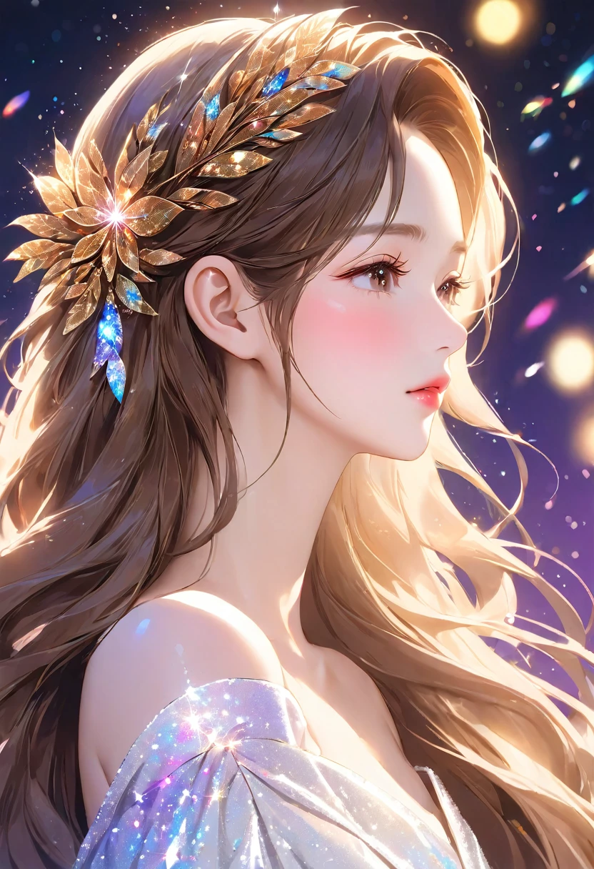 A close-up of the profile of a beautiful girl with long brown hair, eyes completely closed, long eyelashes, white off-the-shoulder outfit, mature, made-up face, pretty, older woman, glitter eye make-up, Korean-style make-up, masterpiece, perfect hand shape
